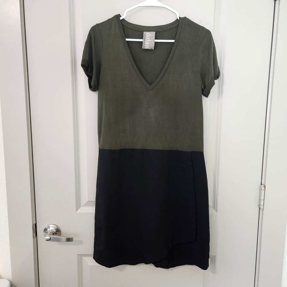 Dolan Left Coast Collection Women Olive Green Black Colorblock V-Neck Dress XS